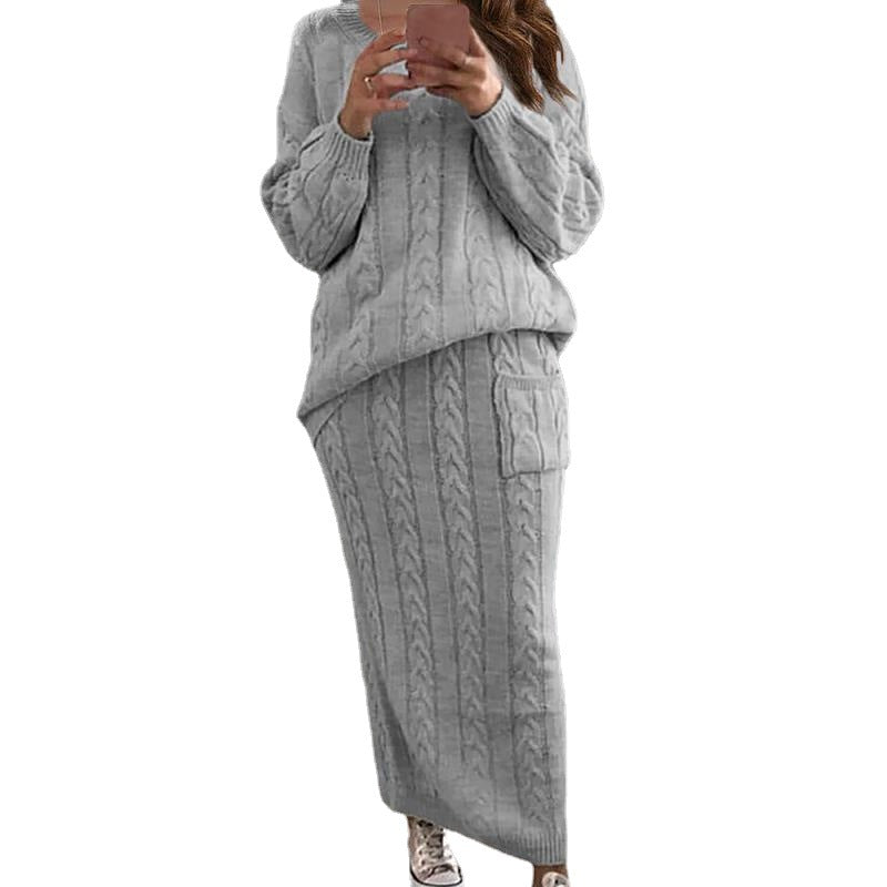 Damen nan Strickset Oversized Zopfmuster-Pullover und Maxi-Bleistiftrock mit aufgesetzter Tasche EB