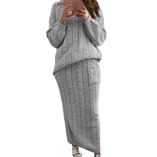 Damen nan Strickset Oversized Zopfmuster-Pullover und Maxi-Bleistiftrock mit aufgesetzter Tasche EB