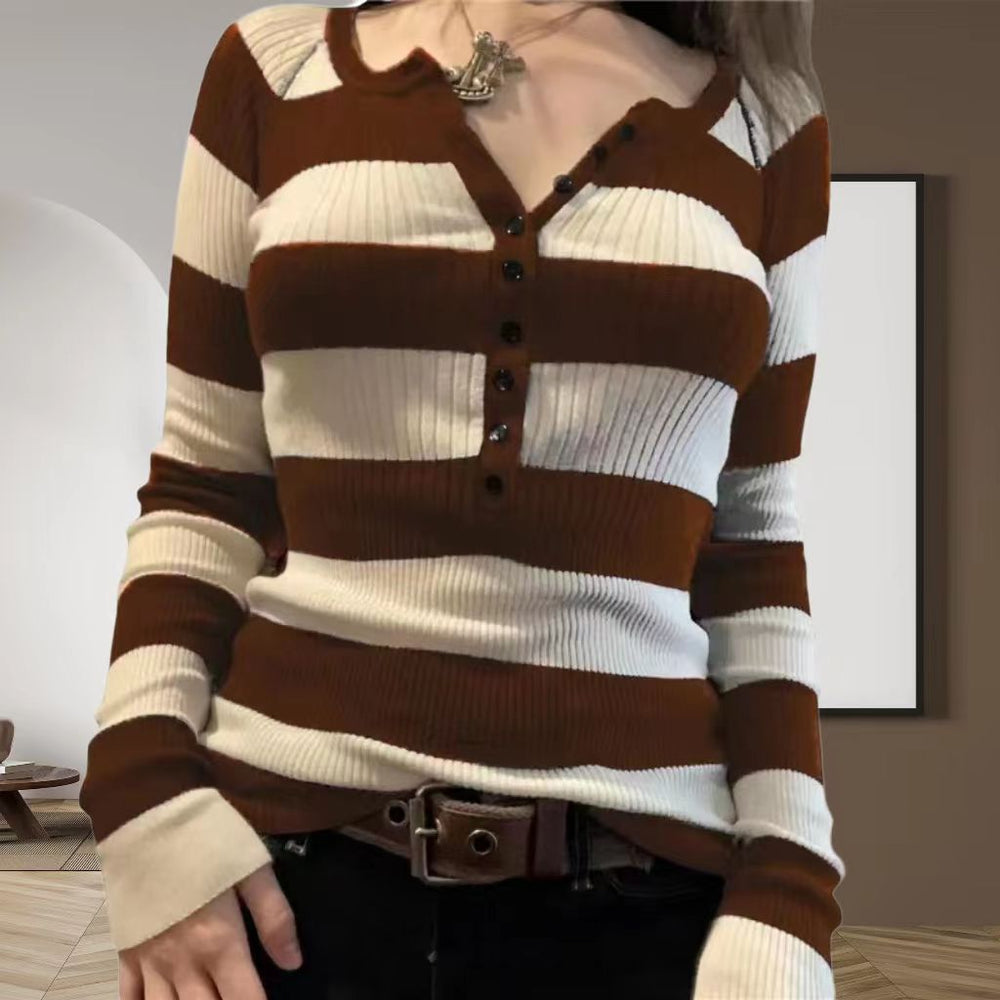 Damen Langarmshirt mit Knopfleiste und Streifenmuster EB
