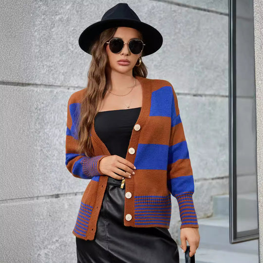 Damen Langarm-Strickjacke mit modernen Streifen und Knopfdetails EB