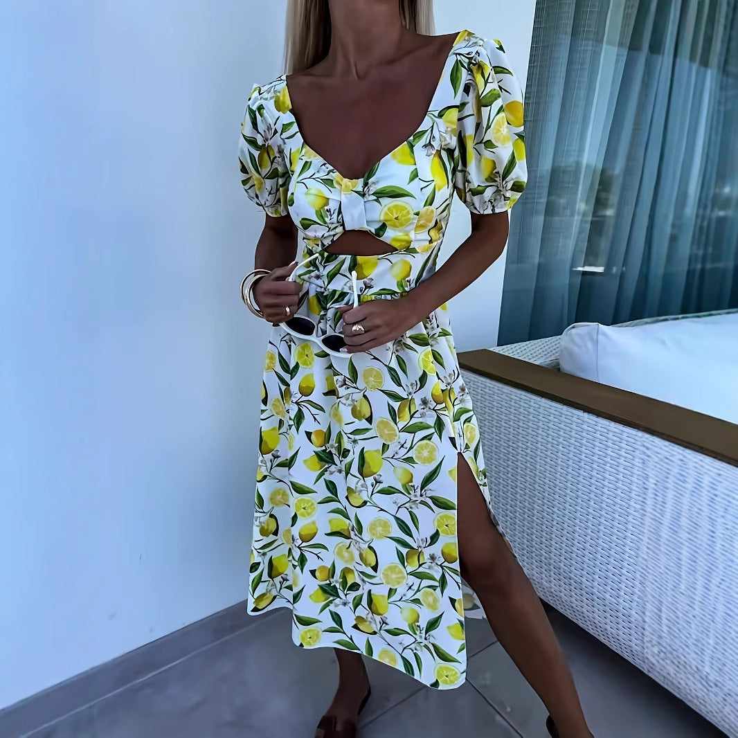 Damen Maxikleid mit fruchtigem Print und seitlichem Schlitz EB
