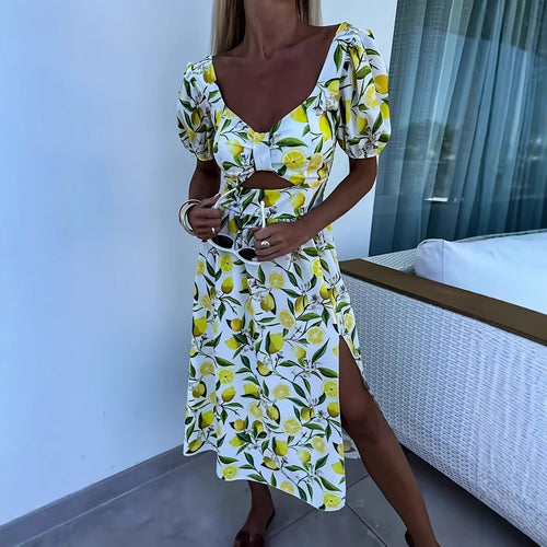 Damen Maxikleid mit fruchtigem Print und seitlichem Schlitz EB