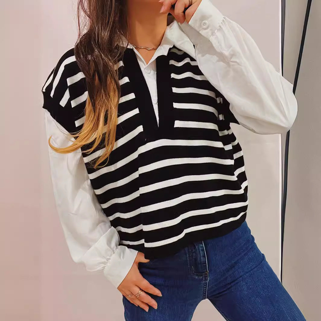 Damen lässiger Polo-Pullover mit gestreiften Design und leichten Puffärmeln EB