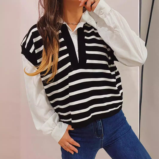 Damen lässiger Polo-Pullover mit gestreiften Design und leichten Puffärmeln EB