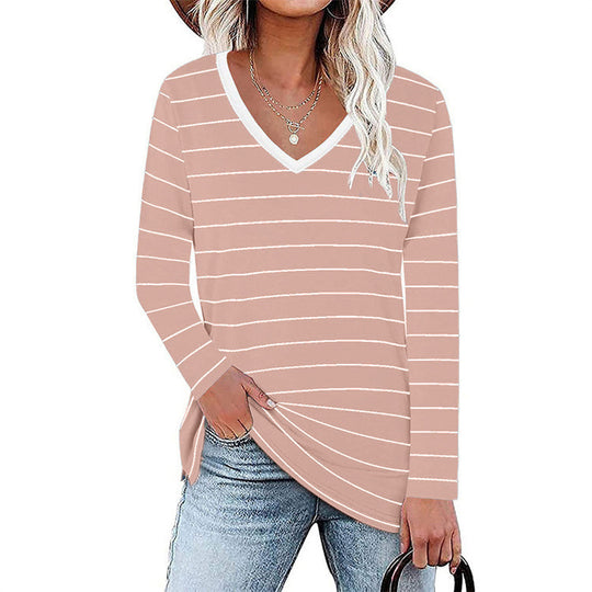 Damen V-Ausschnitt Langarmshirt mit Streifenmuster und seitlichen Schlitzen EB