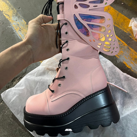 Damen Schnürstiefel mit modischem Schmetterlingsdesign und hohem Plateau EB