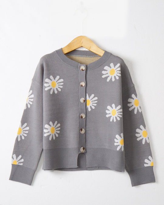 Damen modische Strickjacke mit floralem Muster und kurzen Ärmeln EB
