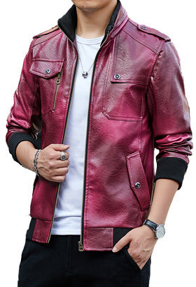 Herren Kunstleder-Flightjacke mit Brust- und Reißverschlusstaschen, Stehkragen und Rippbündchen EB