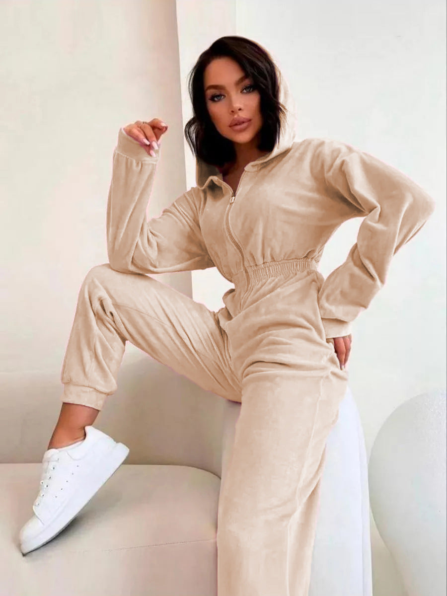 Damen Velours Jumpsuit mit Kapuze, Reißverschluss und tailliertem Gummibund EB
