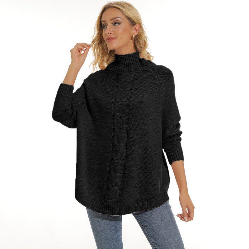 Damen Grobstrickpullover mit hohem Kragen und modernem Zopfmuster EB