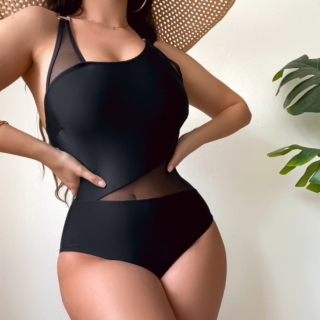 Damen Einteiliger Badeanzug mit transparenten Einsätzen und asymmetrischem Design EB