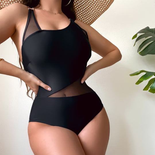 Damen Einteiliger Badeanzug mit transparenten Einsätzen und asymmetrischem Design EB