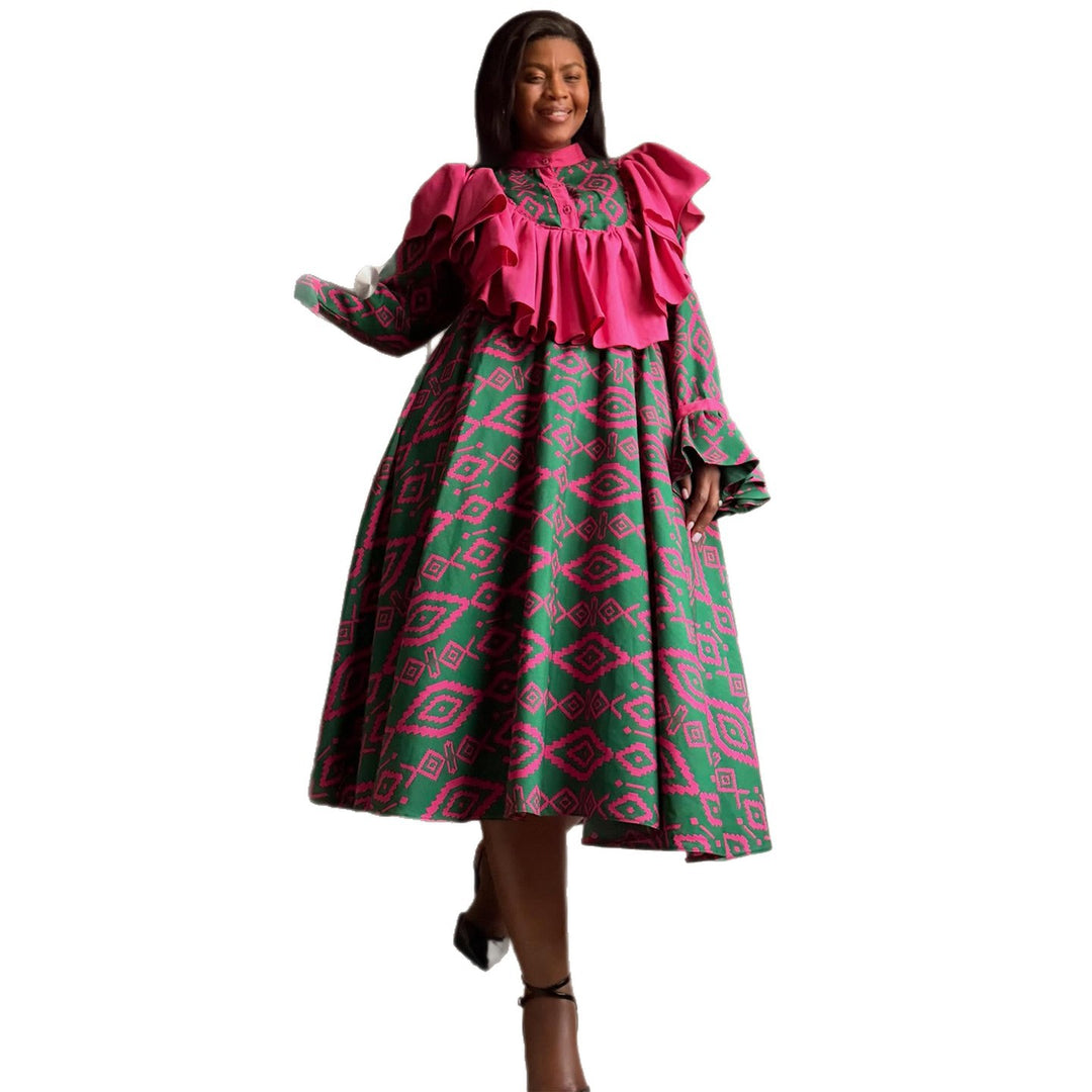 Damen Maxikleid mit ausgefallenem Rüschendesign und geometrischem Muster EB