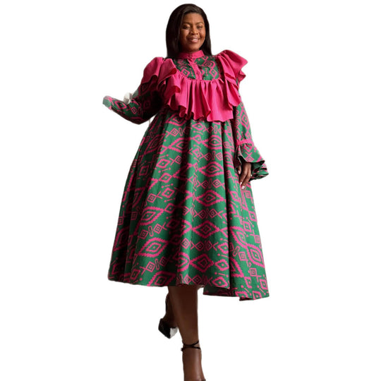 Damen Maxikleid mit ausgefallenem Rüschendesign und geometrischem Muster EB