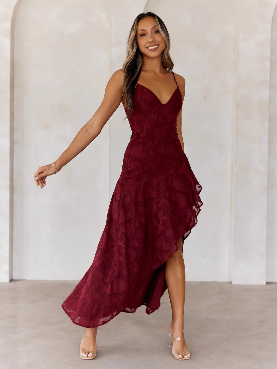 Damen Elegantes asymmetrisches Abendkleid mit feinen Spaghetti-Trägern und Rüschen EB