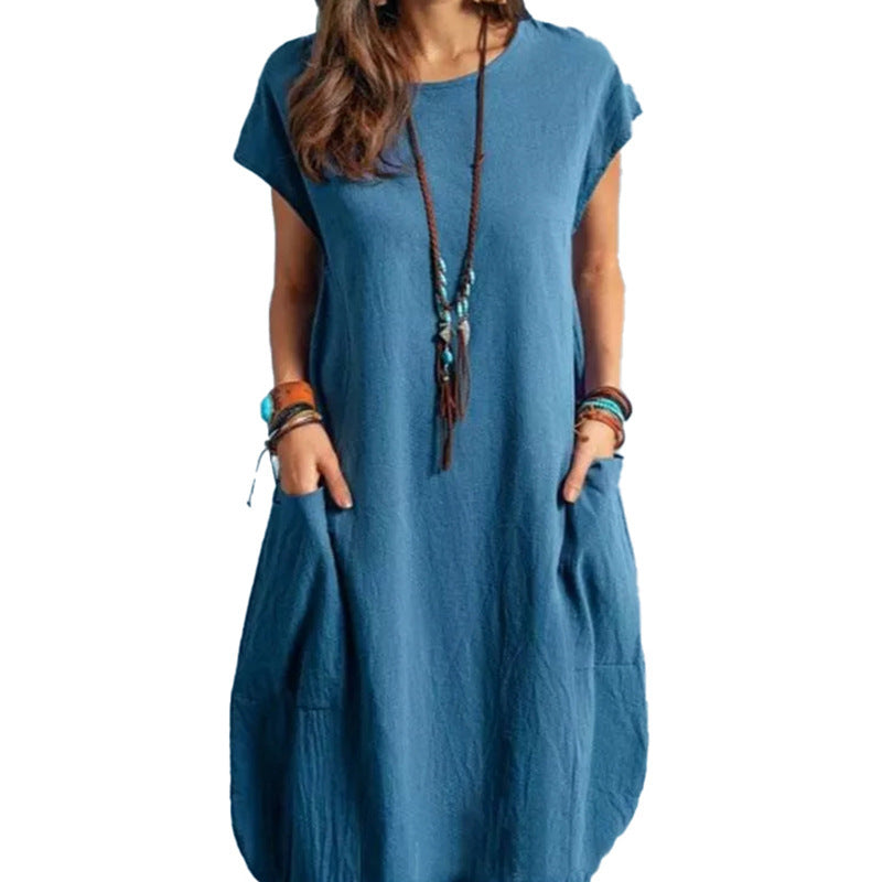 Damen lässiges Freizeitkleid mit seitlichen Taschen und Rundhalsausschnitt EB