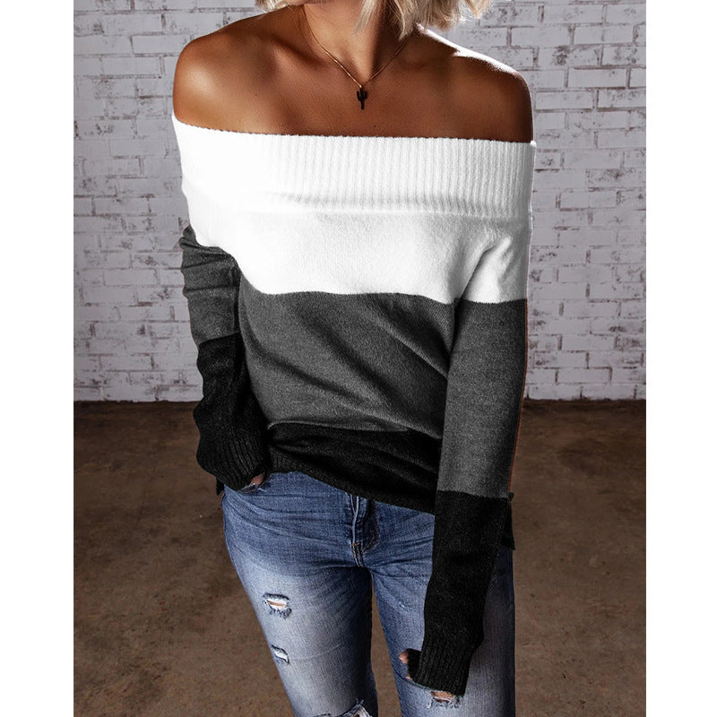 Damen schulterfreier Strickpullover mit modernem Farbblockdesign EB