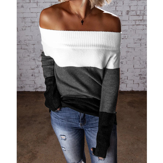 Damen schulterfreier Strickpullover mit modernem Farbblockdesign EB