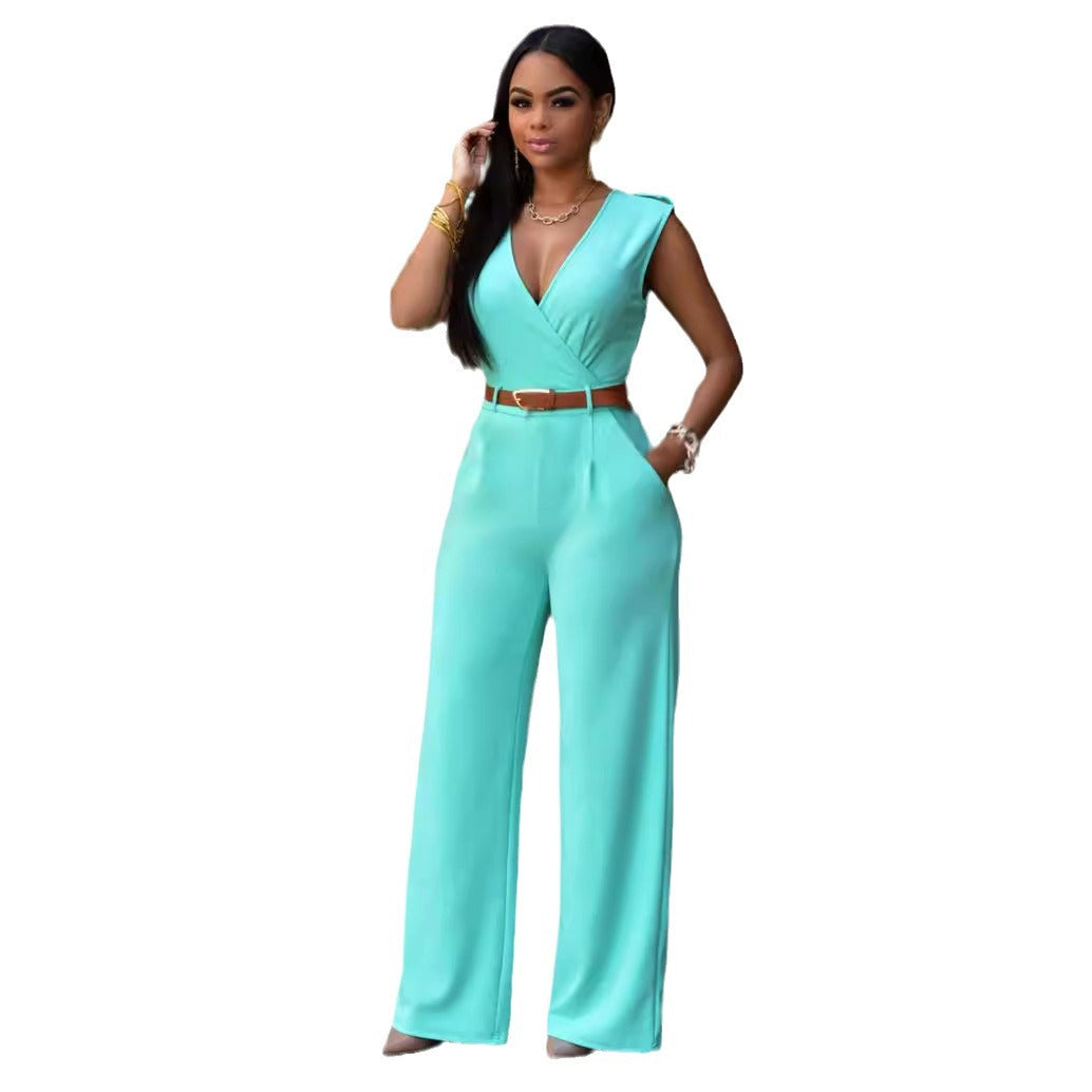 Damen Eleganter Wickel-Jumpsuit mit weitem Bein und Taillengürtel EB