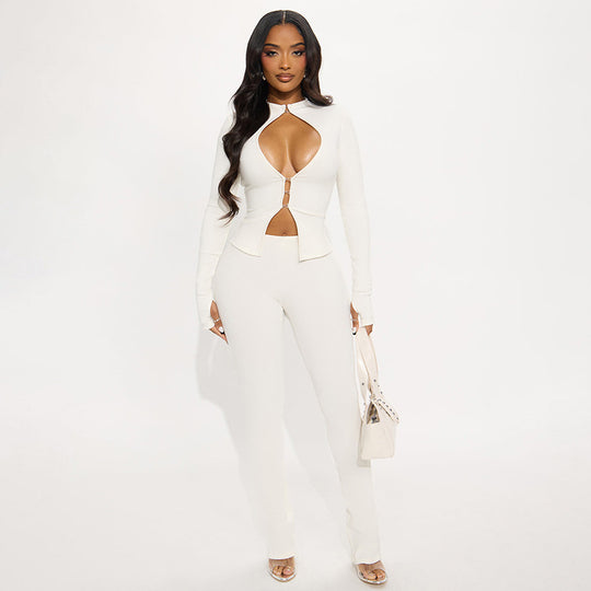 Damen Cut-Out Jumpsuit mit elegantem Stehkragen und figurbetontem Schnitt EB