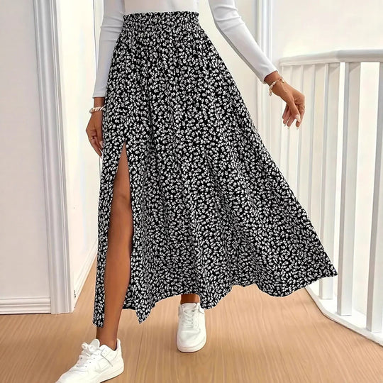 Damen Maxirock mit floralem Muster und seitlichem Schlitz EB