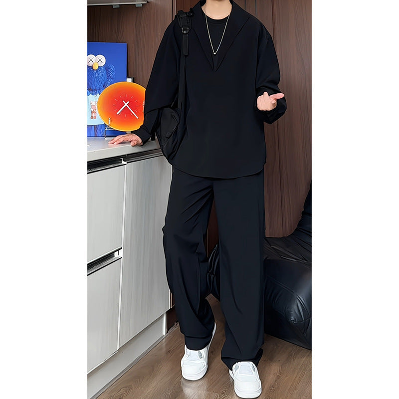 Herren nan locker geschnittenes zweiteiliges Freizeitset mit tiefem V-Ausschnitt Overshirt und weitem Bundfaltenhose EB