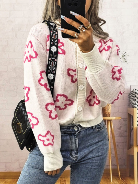 Damen gemütliche Strickjacke mit floralem Muster und Knopfverschluss EB