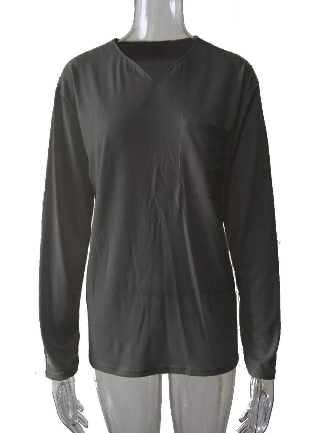 Damen nan legeres Langarmshirt mit V-Notch-Ausschnitt, Brusttasche und lockerer Oversize-Passform EB