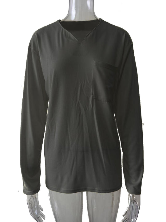 Damen nan legeres Langarmshirt mit V-Notch-Ausschnitt, Brusttasche und lockerer Oversize-Passform EB