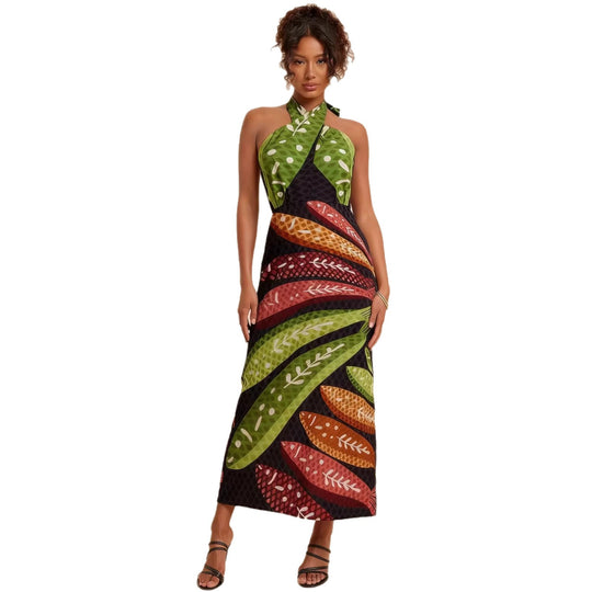 Damen Halterneck Maxikleid mit buntem Blattdesign und schwingendem Schnitt R&B