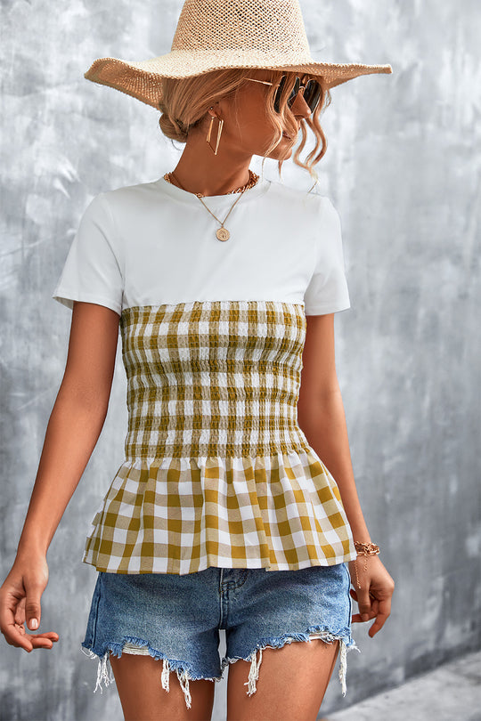 Damen Peplum-Oberteil mit kariertem Stoff und elastischer Taillierung EB