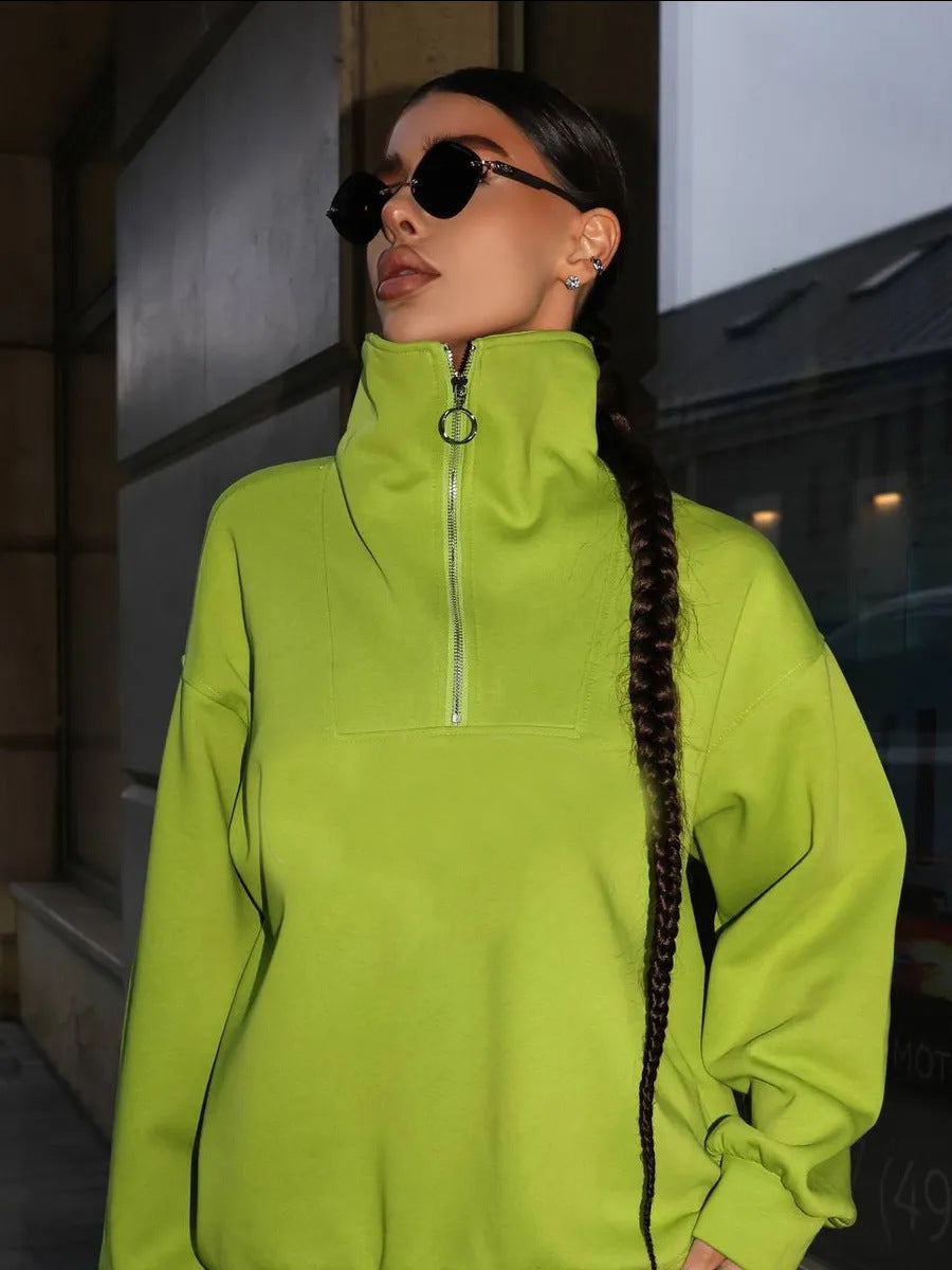Damen lässiges Sweatset mit halbhohem Reißverschluss Kragen und weitem Jogger EB