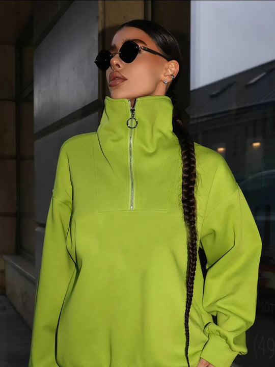 Damen lässiges Sweatset mit halbhohem Reißverschluss Kragen und weitem Jogger EB