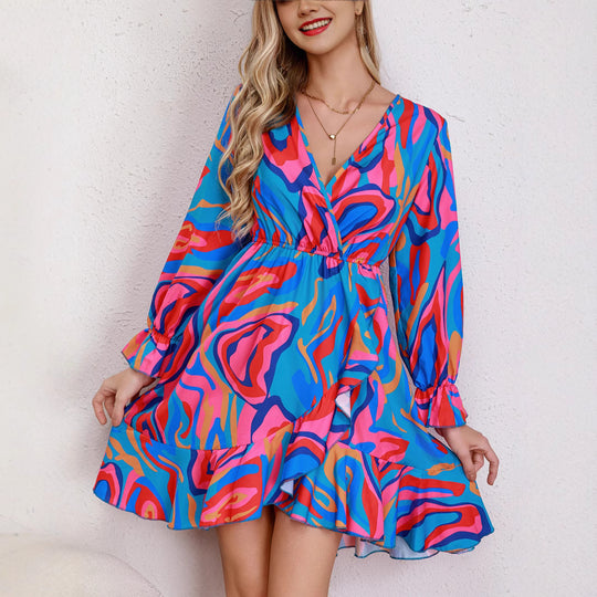 Damen Kurzes Kleid mit Wickeldesign und fröhlichem Muster EB