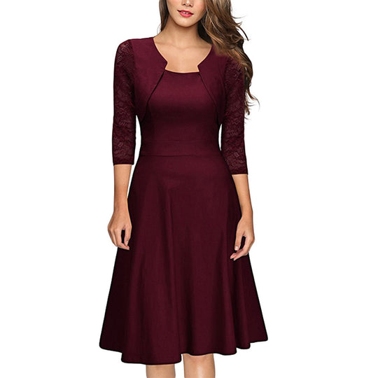 Damen Midi-Kleid mit Spitzenärmeln und schwingendem Rock EB
