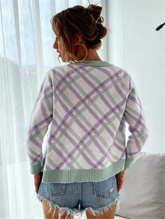 Damen modischer Strickcardigan mit Karomuster und eleganter Knopfleiste EB