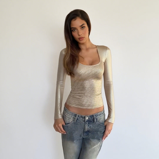 Damen schimmerndes Langarmshirt mit elegantem Rundhalsausschnitt und figurbetontem Schnitt EB