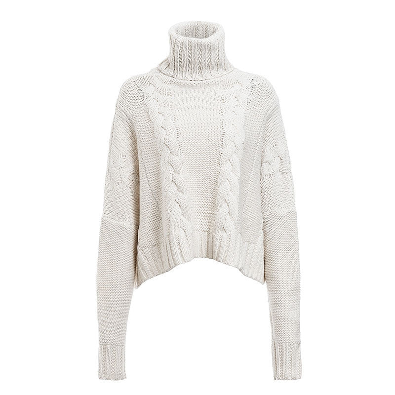 Damen Grobstrickpullover mit hohem Kragen und einzigartigem Zopfdesign EB