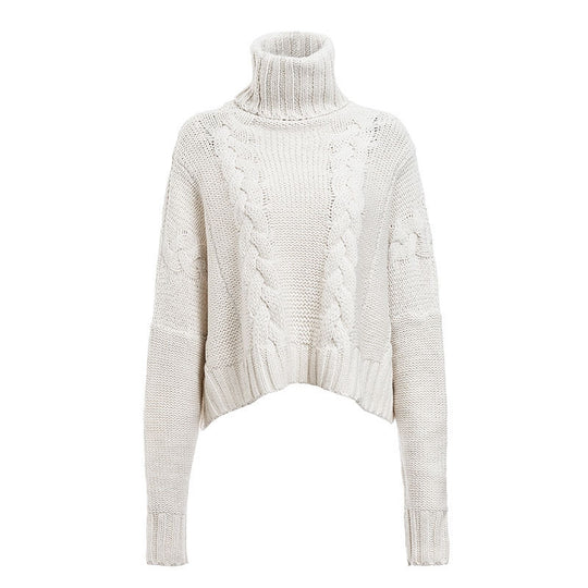 Damen Grobstrickpullover mit hohem Kragen und einzigartigem Zopfdesign EB