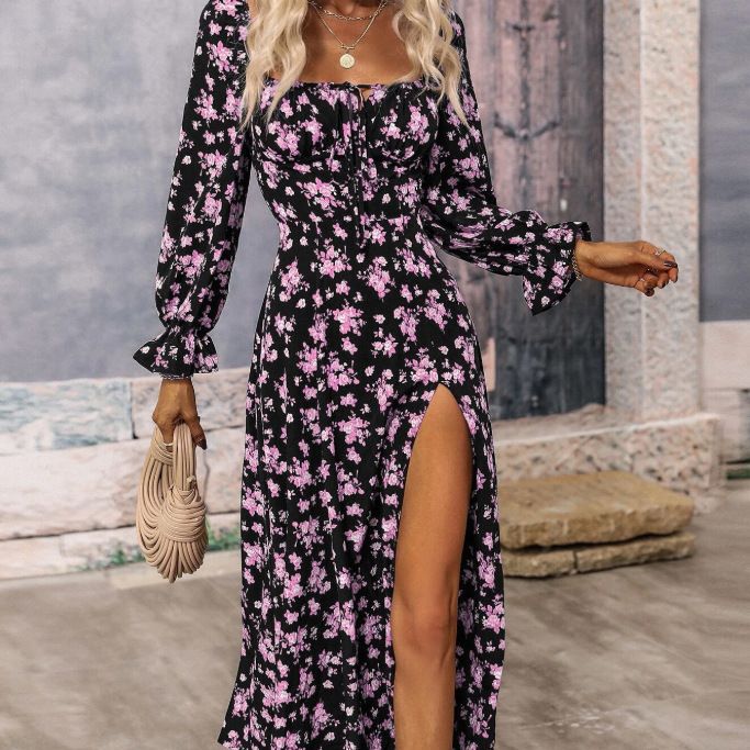 Damen Maxikleid mit seitlichem Schlitz und Puffärmeln EB