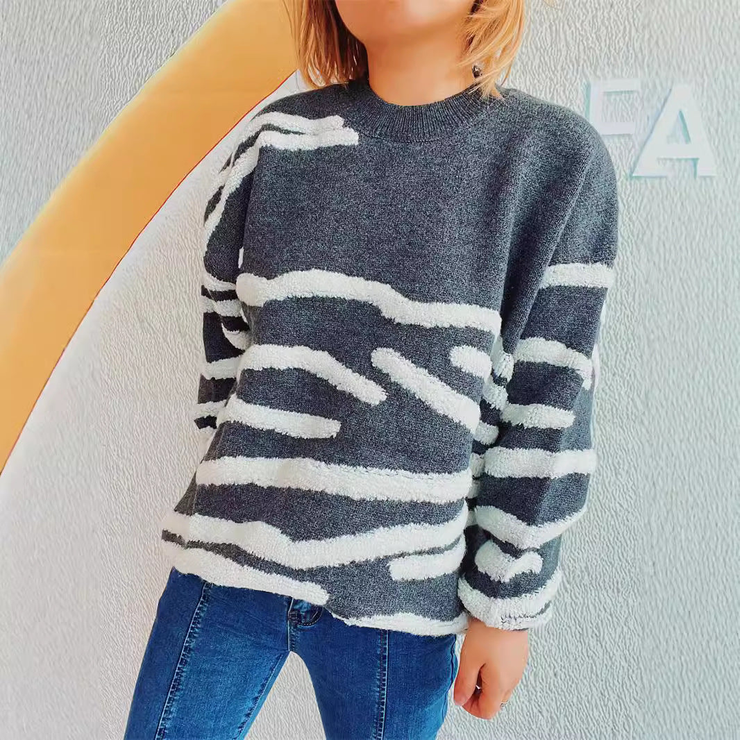 Damen lässiger Strickpullover mit modernem Zebrastreifenmuster EB
