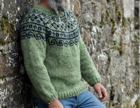 Damen nan melierter Rundhalsausschnittpullover mit kreisförmigem Jacquard-Yoke und geripptem Saum EB