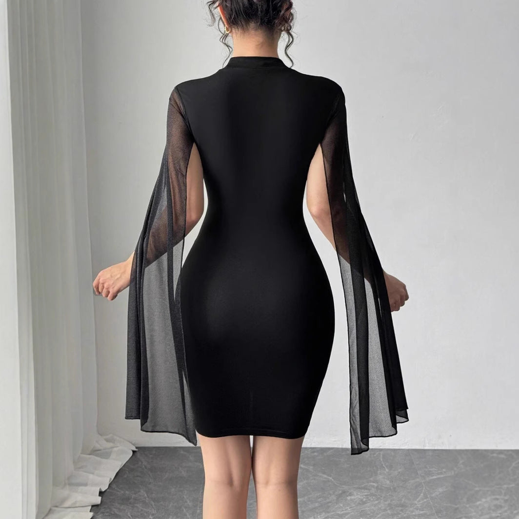Damen figurbetontes Kleid mit transparenter Umarmung und Blumenapplikationen EB
