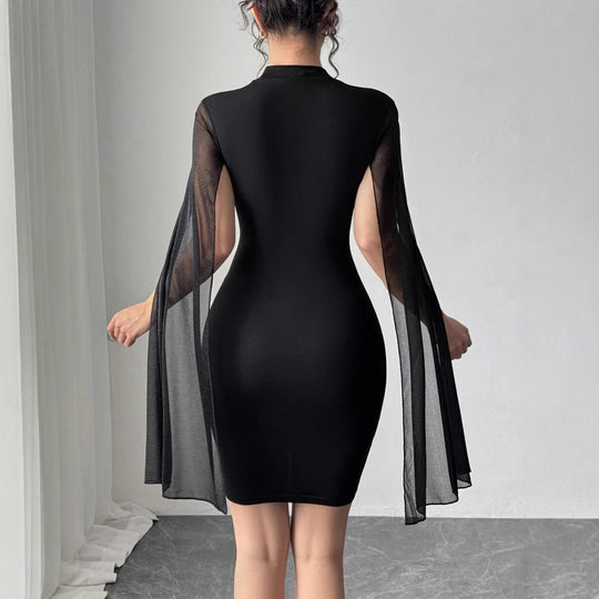 Damen figurbetontes Kleid mit transparenter Umarmung und Blumenapplikationen EB