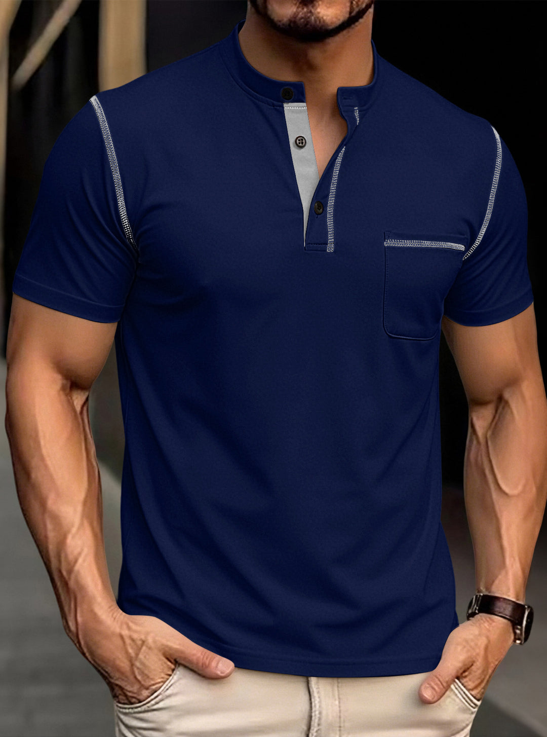 Herren nan modernes Kurzarm-Henley mit Stehkragen, Kontrastnähten und aufgesetzter Brusttasche EB