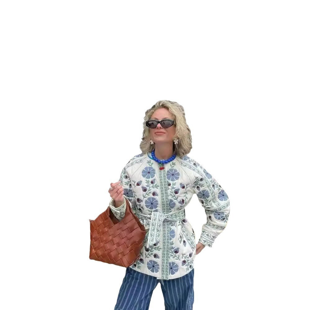 Damen gesteppte Jacke mit floralem Design und Knopfverschluss EB