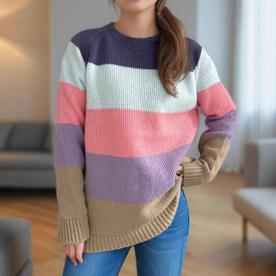 Damen lässiger Strickpullover mit bunten Blockstreifen und weitem Schnitt EB