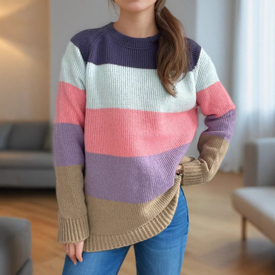 Damen lässiger Strickpullover mit bunten Blockstreifen und weitem Schnitt EB