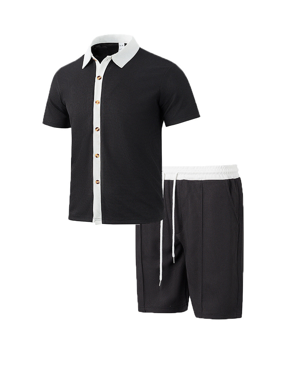 Herren nan modernes Freizeit-Set aus feinem Strukturjersey mit Hemdkragen-Knopfleiste und Kordel-Shorts EB