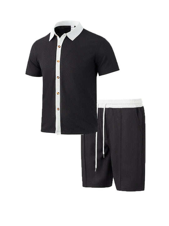 Herren nan modernes Freizeit-Set aus feinem Strukturjersey mit Hemdkragen-Knopfleiste und Kordel-Shorts EB